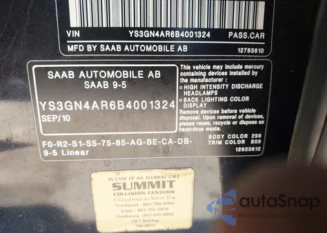 2011 Saab 9-5 Turbo z USA, uszkodzony, nr VIN YS3GN4AR6B4001324